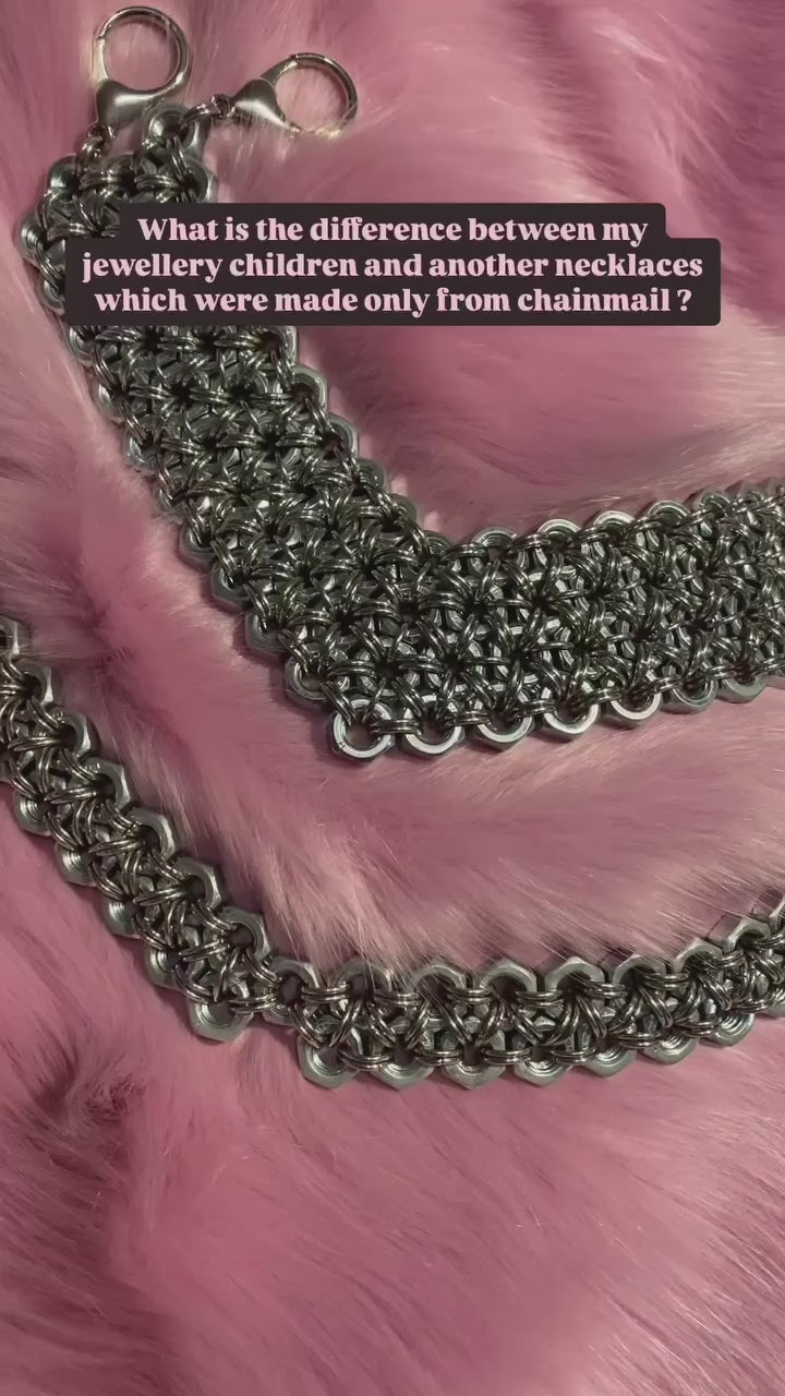 Heavy duty Industrial Chainmail choker necklaces presented on baby pink fur, made from stainless steel screws and chainmail, bold fashion accessories
